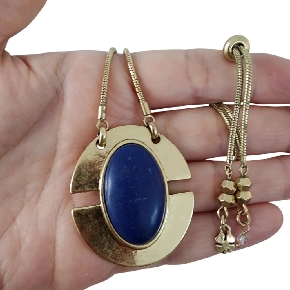 Lucky Brand art deco pendant necklace boho layer necklace blue stone